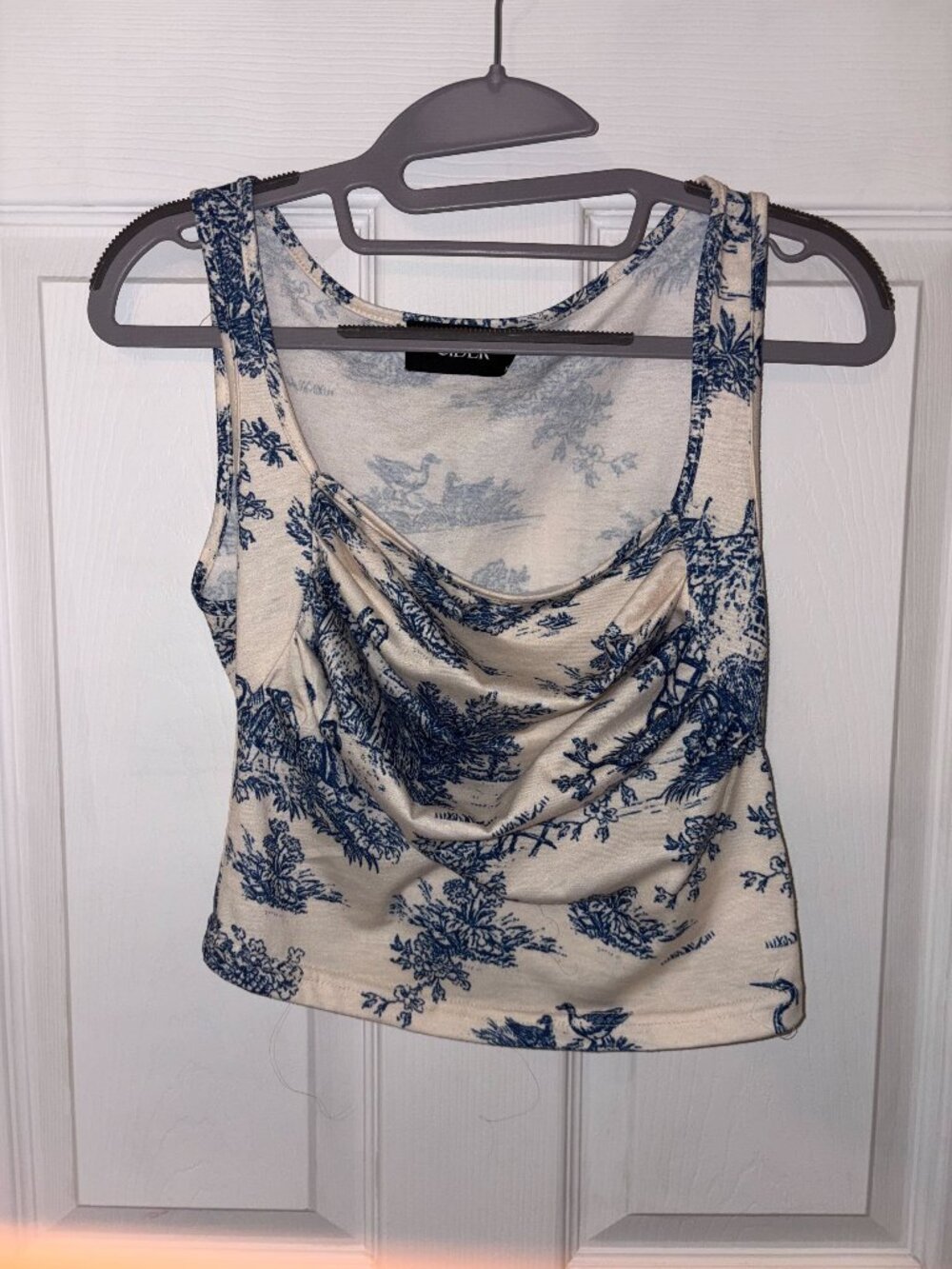 Cider Toile de Jouy Square Neck Tank Top with a ruched bust and blue and white